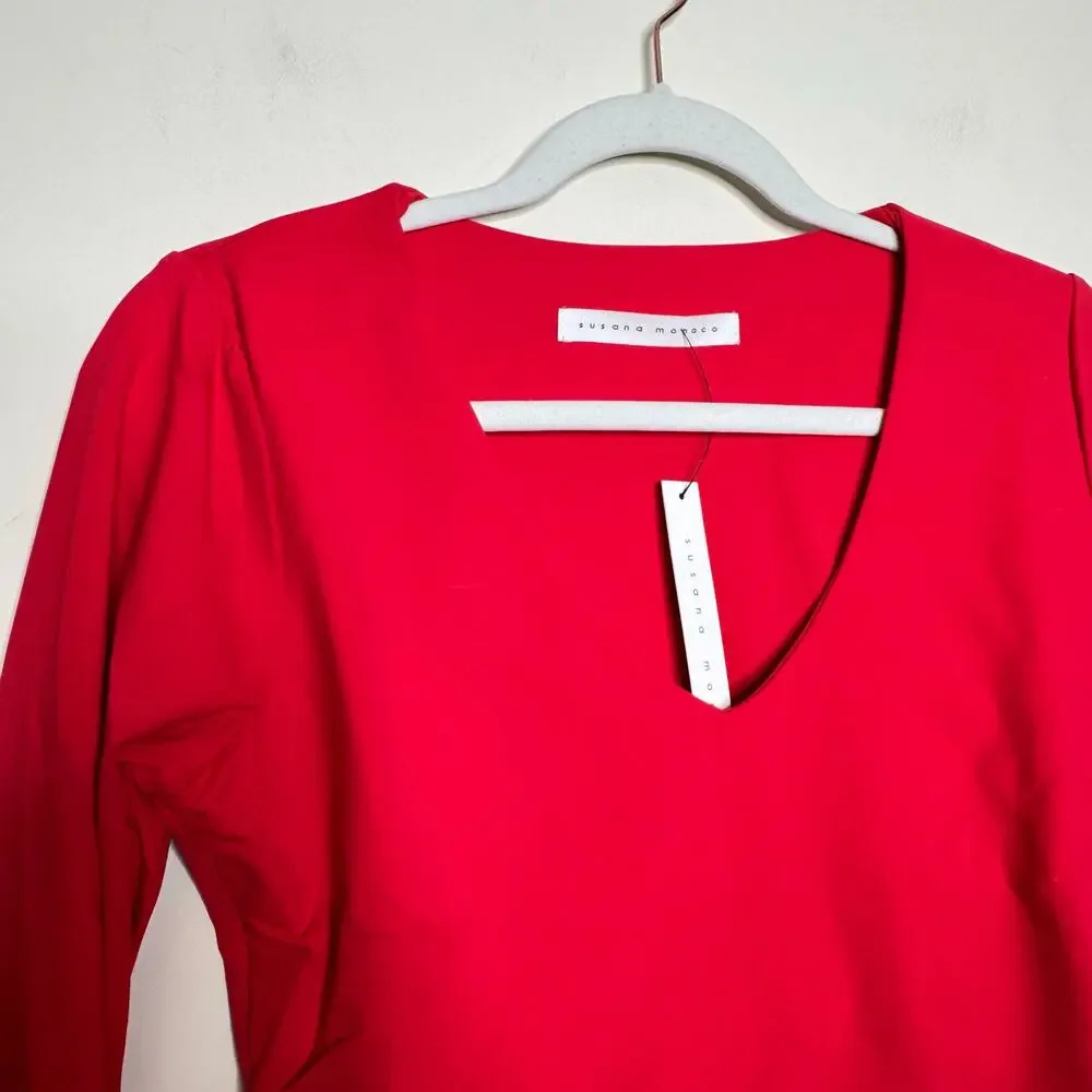 Susana Monaco Very V Long Sleeve Crop Top in Morello Red NWT Size Large